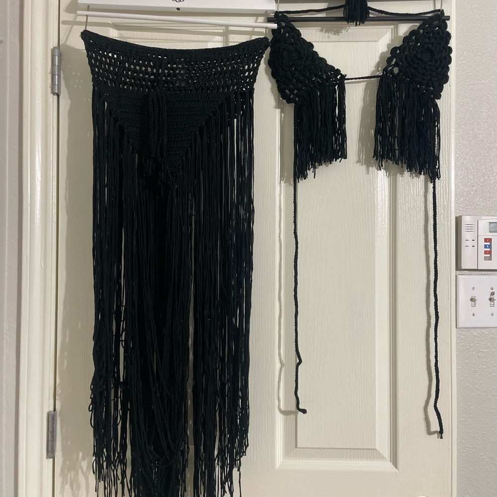 Swim cover up Black Crochet Fringe Skirt and Top Set